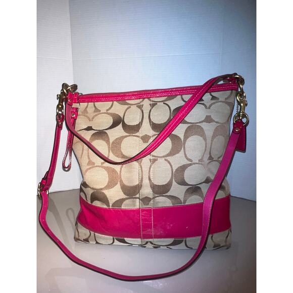 Coach Signature Canvas Fabric brown pink patent  shoulder crossbody F12824 - Picture 1 of 13